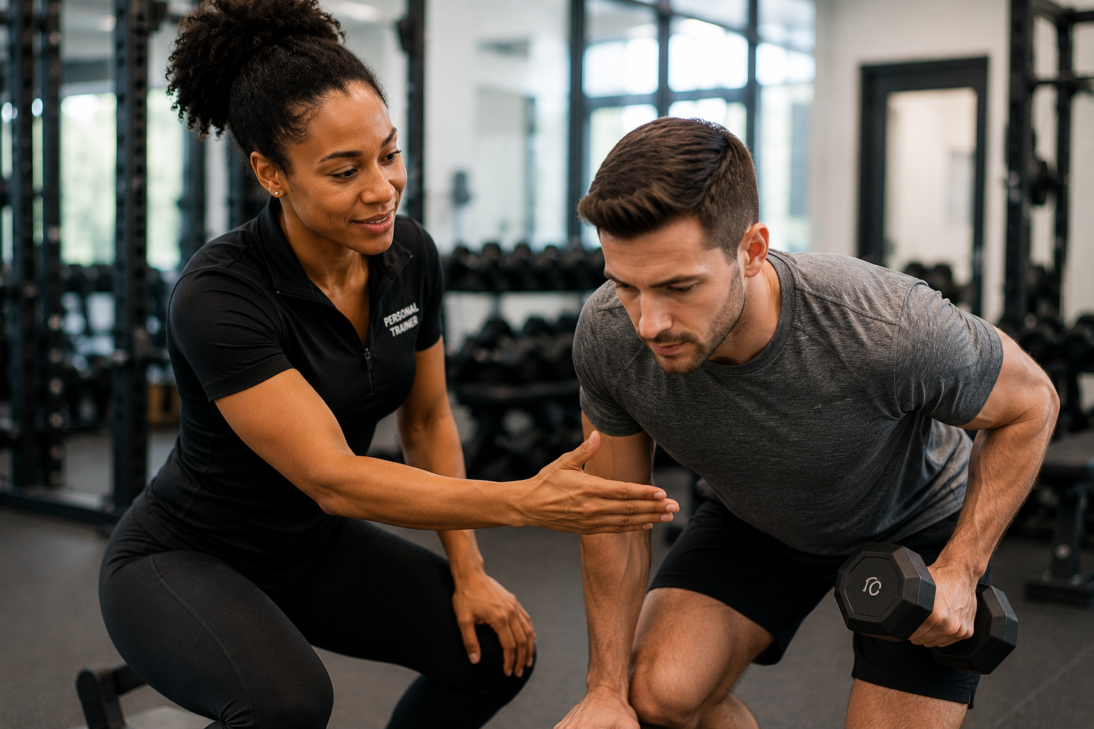 Personal trainer coaching a client with confidence