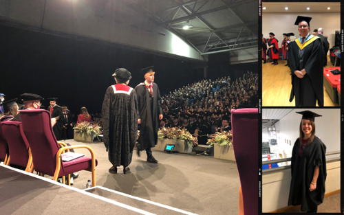 Graduate walks across stage at graduation ceremony.