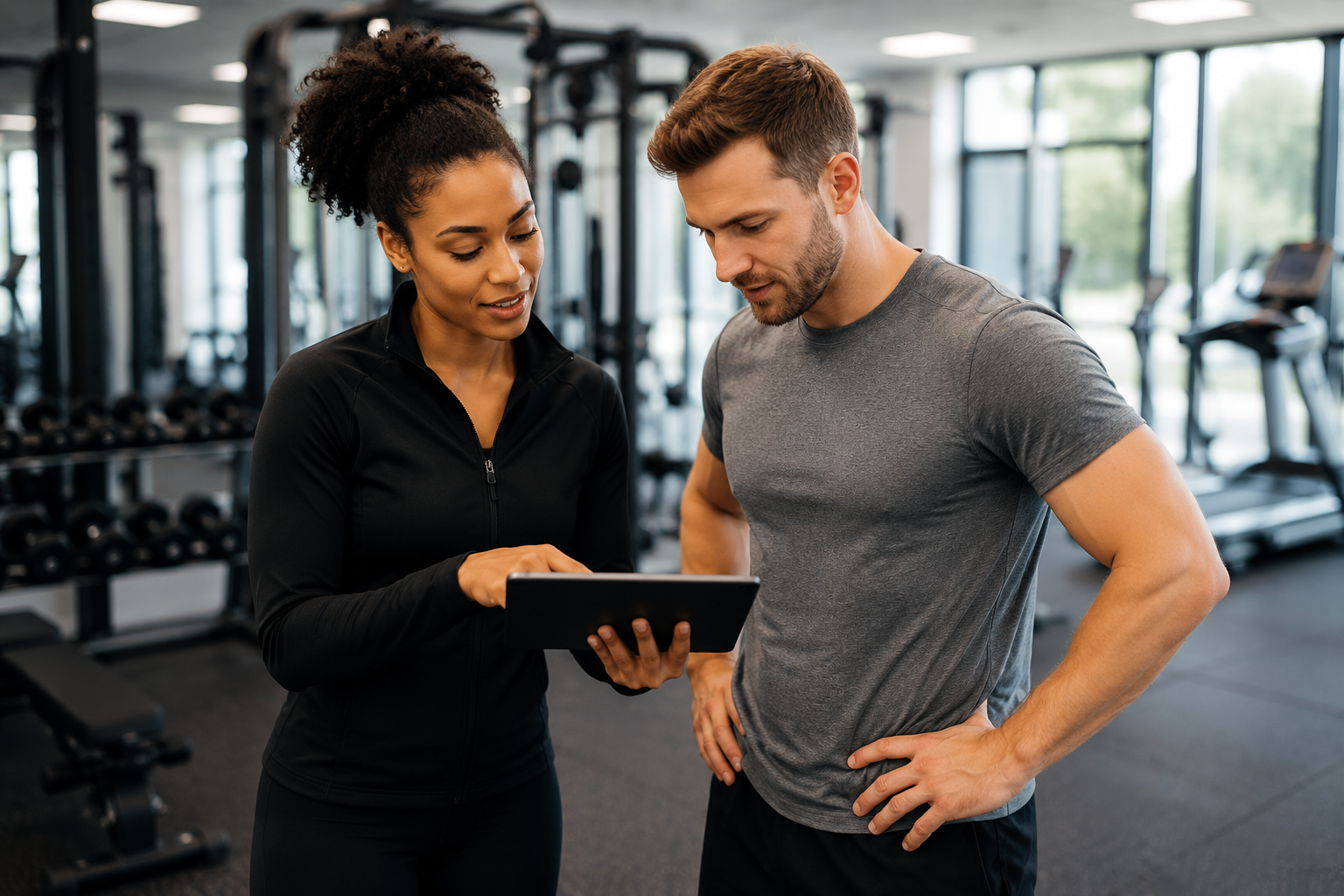 Personal trainer supporting a client during a fitness consultation
