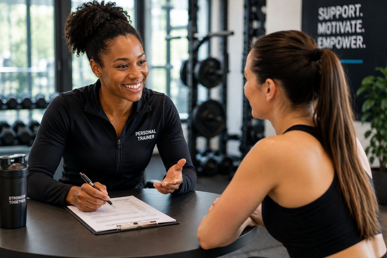 Personal trainer consulting with a client